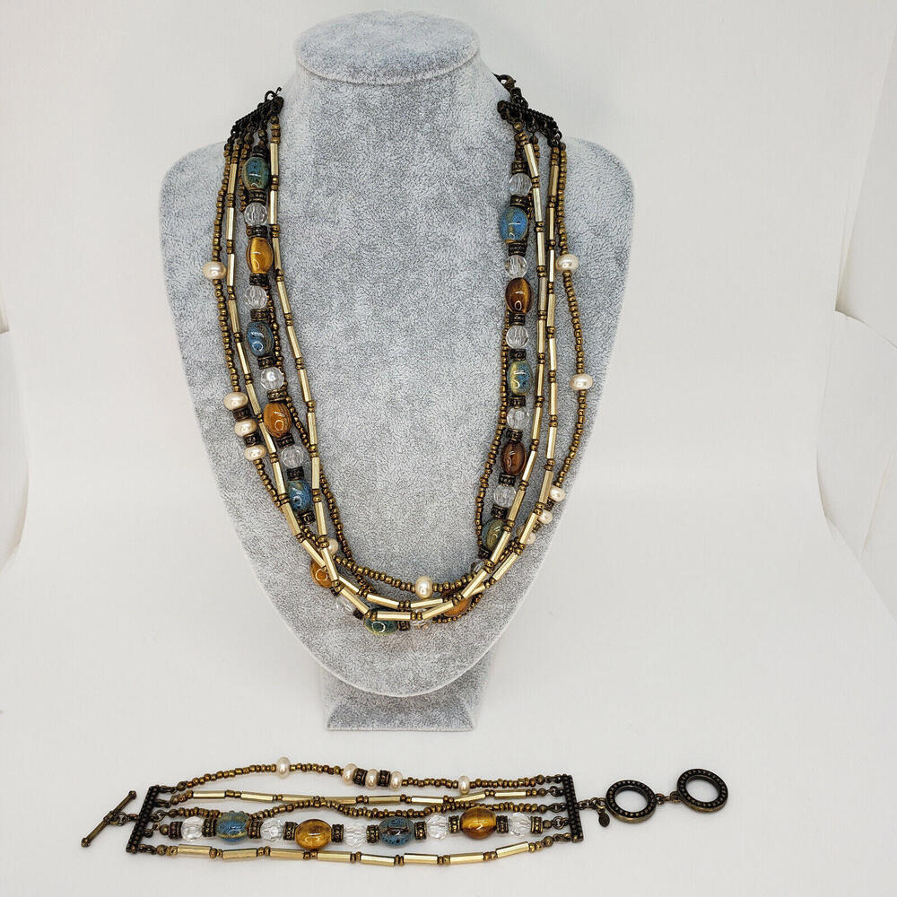 Antiqued Gold Metal Multi Strand Beaded Necklace & Bracelet Adjustable Precious
